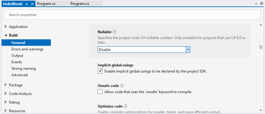 The GUI that allows you to disable null checking in Visual Studio 2022
